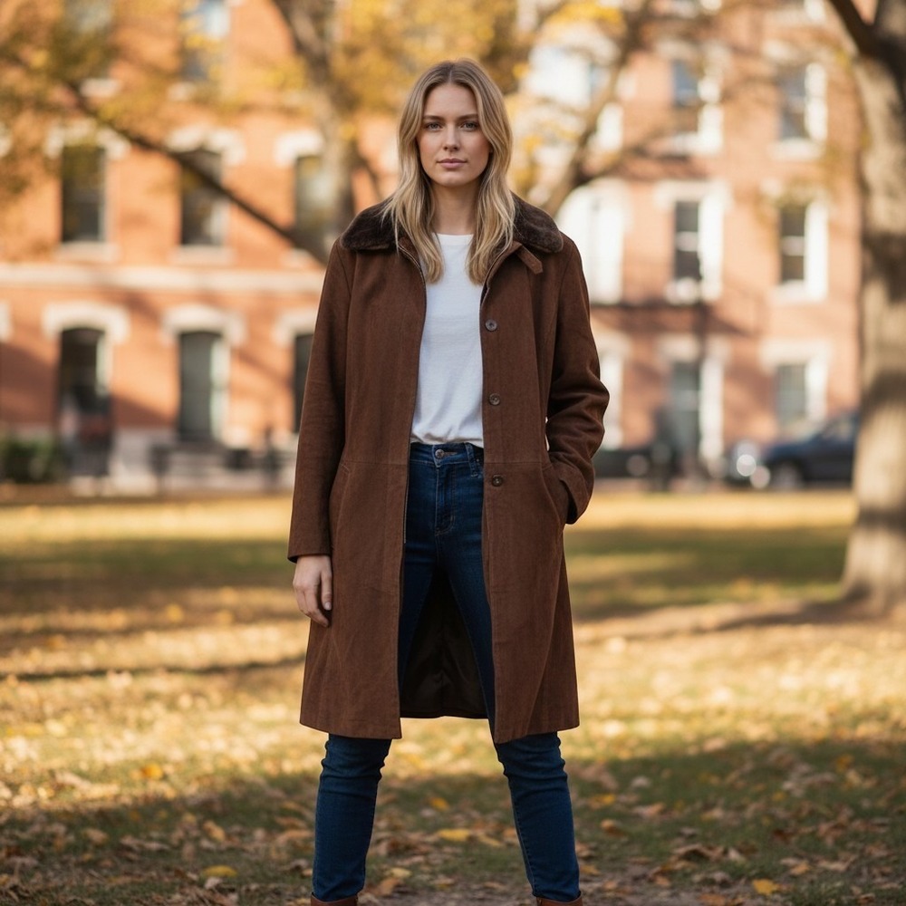 Real Leather Brown Suede  faux fur Collar long coat goth New Size Small